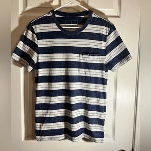Mutual Weave Striped Pocket Tee Blue White Washed Look Size M
